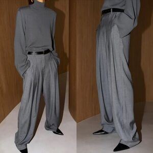 The Frankie Shop Gelso Pleated Wide Leg Suit Pants Trousers in Dark Grey Size L